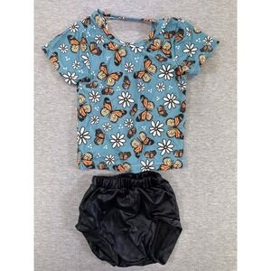 Infant Toddler Butterfly Floral Top and Black Bummies 2 Piece Set Teal